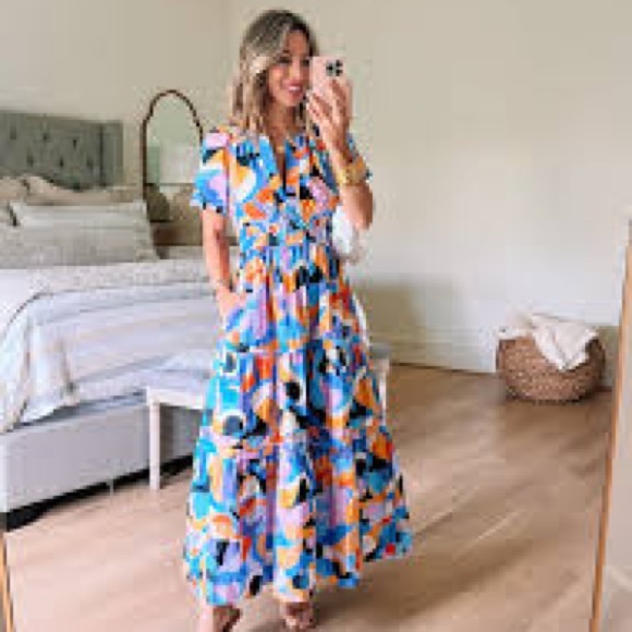 Anthropologie Somerset Blue Orange Abstract Spring Midi Dress Women’s Small EUC - Picture 2 of 10